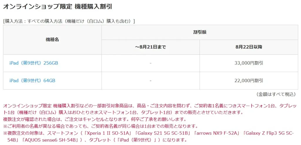 ドコモオンラインショップ iPad(第9世代)割引