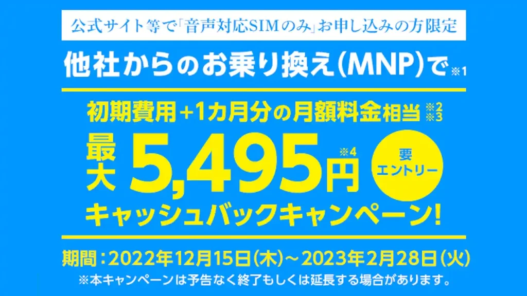 初期費用＋1カ月分の月額料金相当 キャッシュバックキャンペーン